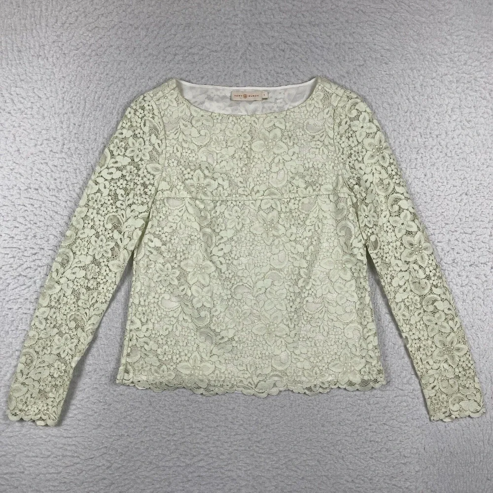 Tory Burch Shirt Womens 0 Julep Green Floral Lace Overlay Blouse Cottagecore Top